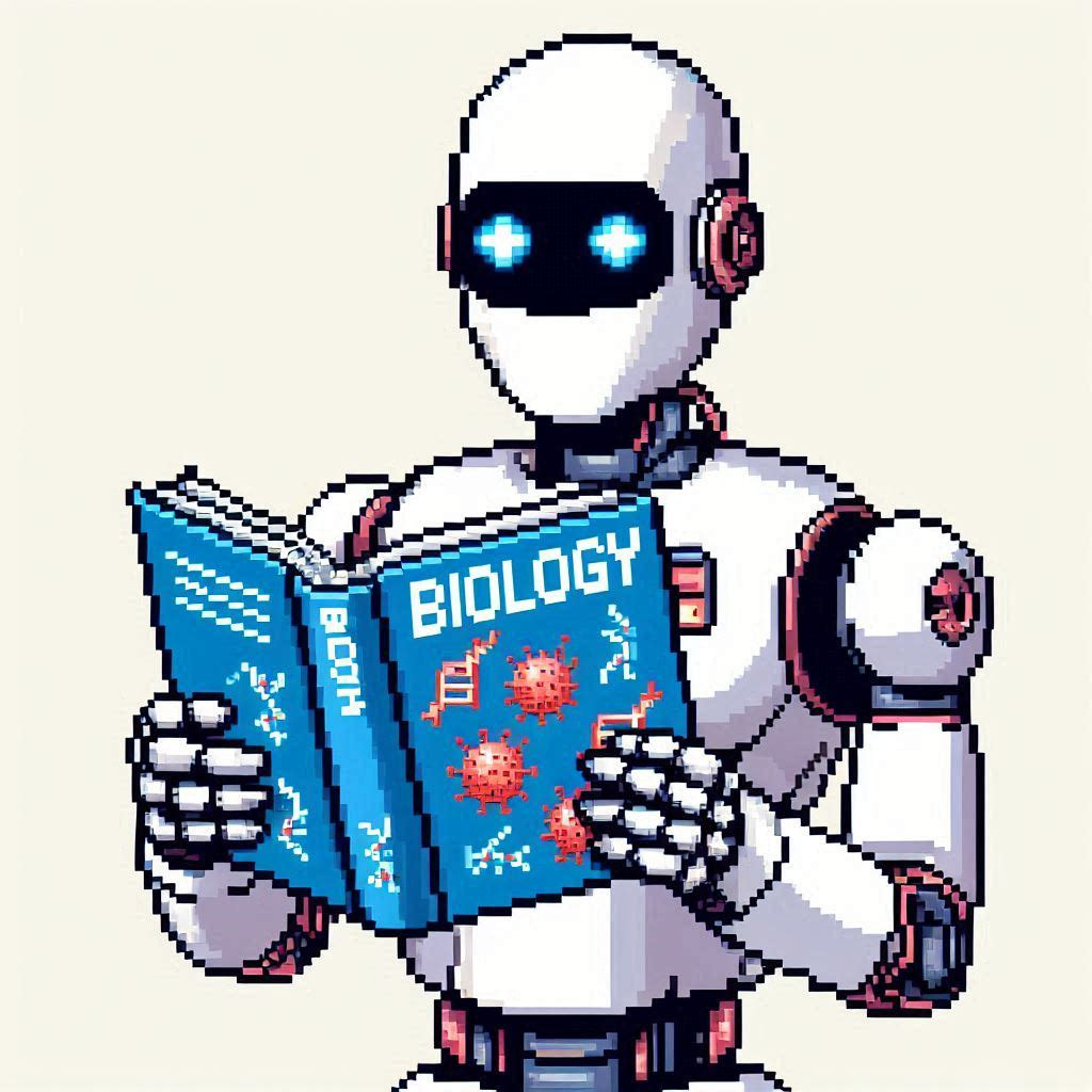 Pixel-art robot and biology motif